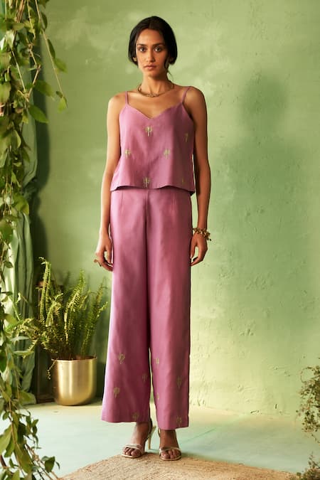 Buy_Charkhee_Purple Chanderi, Voile Embroidery V-neck Set 