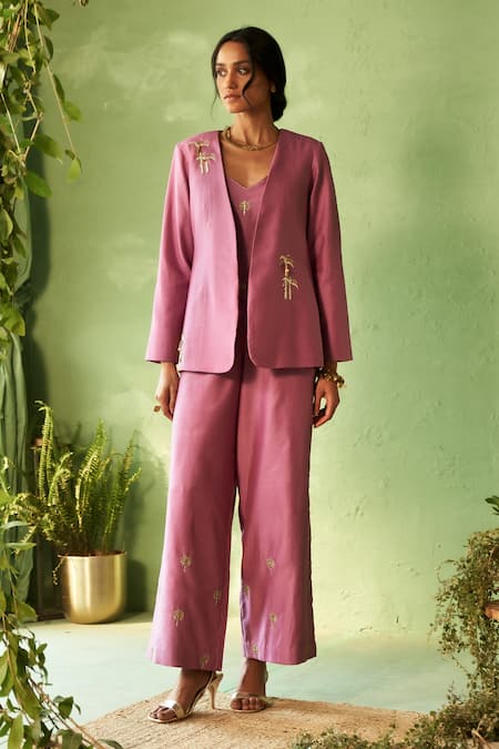 Charkhee Purple Chanderi, Voile Embroidery V-neck Set 