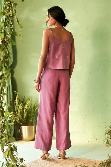 Shop_Charkhee_Purple Chanderi, Voile Embroidery V-neck Set 