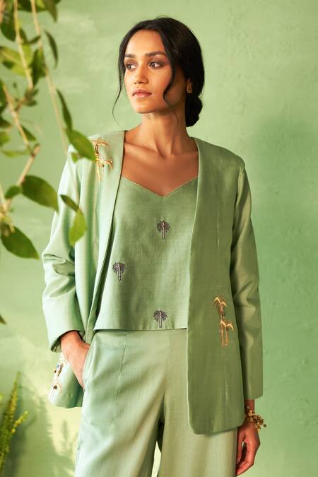 Buy Charkhee Green Chanderi, Voile Embroidery Open Neck, Tea Set Online at Aza Fashions Buy_Charkhee_Green Chanderi, Voile Embroidery Open Neck, Tea Set _Online_at_Aza_Fashions