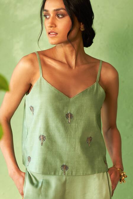 Shop Charkhee Green Chanderi, Voile Embroidery Open Neck, Tea Set Online at Aza Fashions Shop_Charkhee_Green Chanderi, Voile Embroidery Open Neck, Tea Set _Online_at_Aza_Fashions