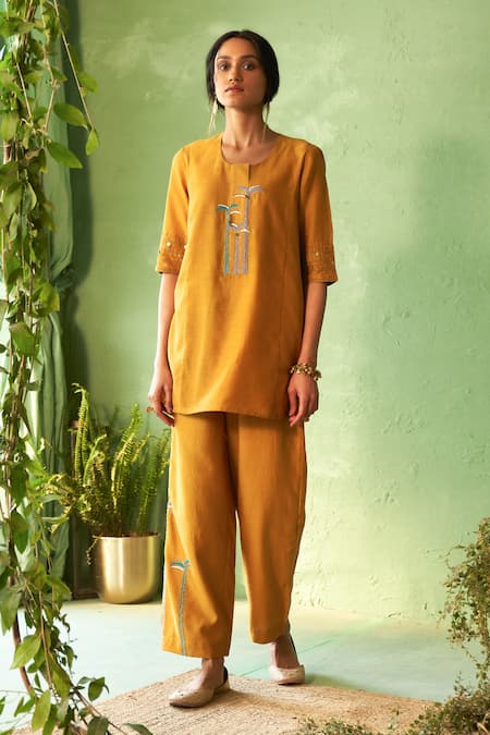 Charkhee Mustard Chanderi, Voile Embroidery Round Neck Yellow Kurta Pant Set