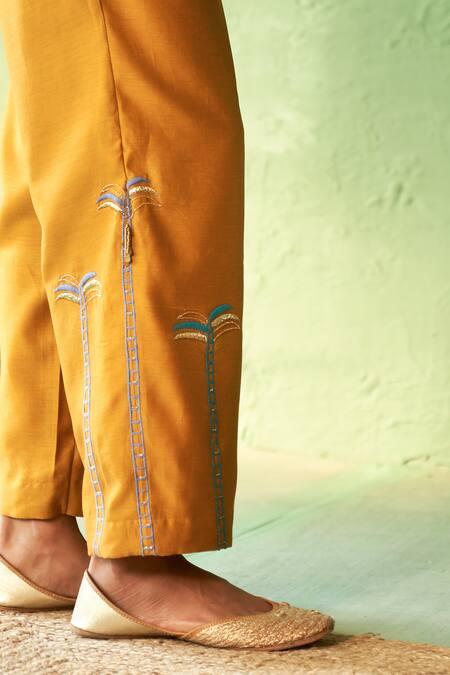 Shop Charkhee Mustard Chanderi, Voile Embroidery Round Neck Yellow Kurta Pant Set Online at Aza Fashions Shop_Charkhee_Mustard Chanderi, Voile Embroidery Round Neck Yellow Kurta Pant Set _Online_at_Aza_Fashions