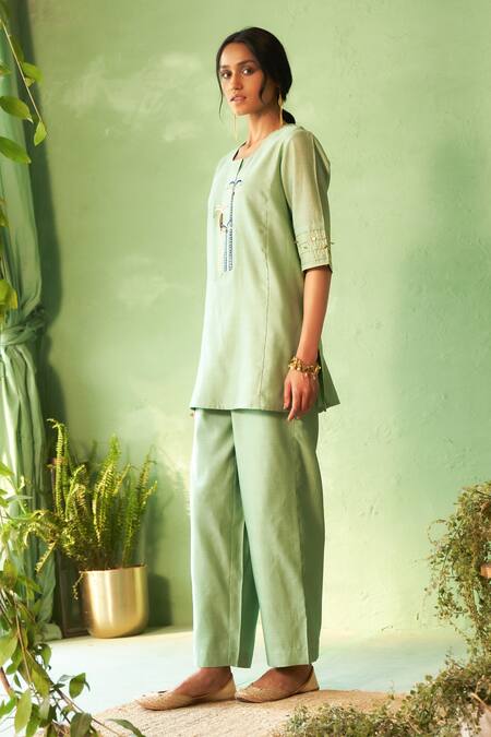 Buy_Charkhee_Green Chanderi, Voile Embroidery Round Neck Tea Kurta Pant Set _Online_at_Aza_Fashions
