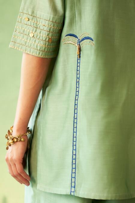 Shop_Charkhee_Green Chanderi, Voile Embroidery Round Neck Tea Kurta Pant Set _Online_at_Aza_Fashions