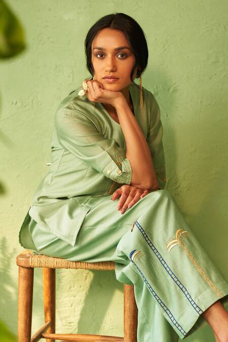 Charkhee_Green Chanderi, Voile Embroidery Round Neck Tea Kurta Pant Set _at_Aza_Fashions