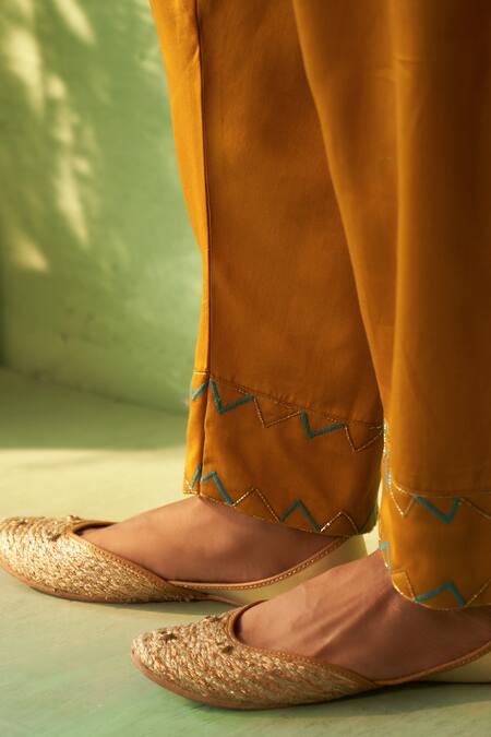 Charkhee Mustard Chanderi, Voile, Cotton Satin, Organza Embroidery Yellow Kurta Set Online at Aza Fashions Charkhee_Mustard Chanderi, Voile, Cotton Satin, Organza Embroidery Yellow Kurta Set _Online_at_Aza_Fashions