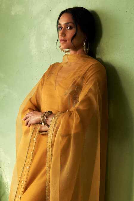 Charkhee_Mustard Chanderi, Voile, Cotton Satin, Organza Embroidery Yellow Kurta Set _Online_at_Aza_Fashions