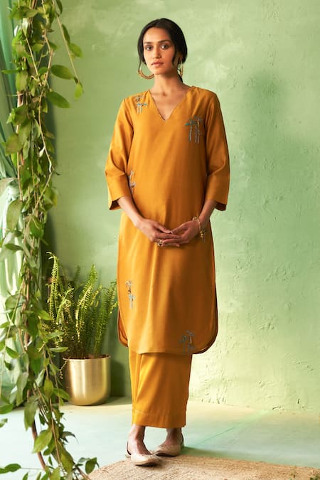 Charkhee_Mustard Chanderi, Voile, Cotton Satin, Organza Embroidery Yellow Kurta Set _at_Aza_Fashions