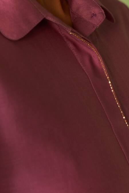 Charkhee_Purple Chanderi, Voile, Cotton Satin Embroidery Collared Kurta Set _Online_at_Aza_Fashions