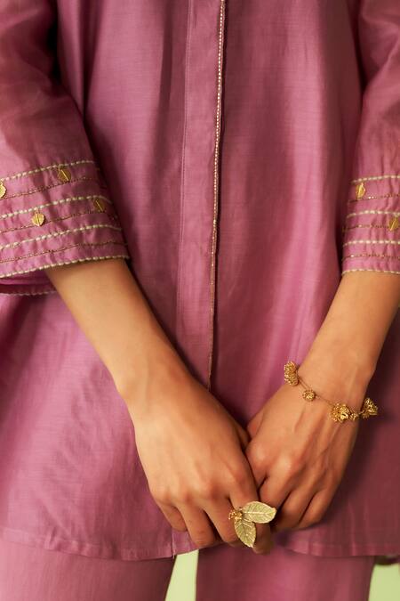 Shop_Charkhee_Purple Chanderi, Voile, Cotton Satin Embroidery Collared Kurta Set _Online_at_Aza_Fashions