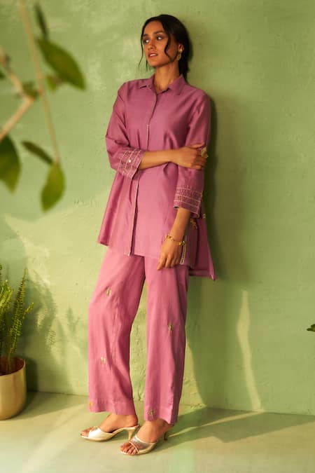 Charkhee_Purple Chanderi, Voile, Cotton Satin Embroidery Collared Kurta Set _at_Aza_Fashions