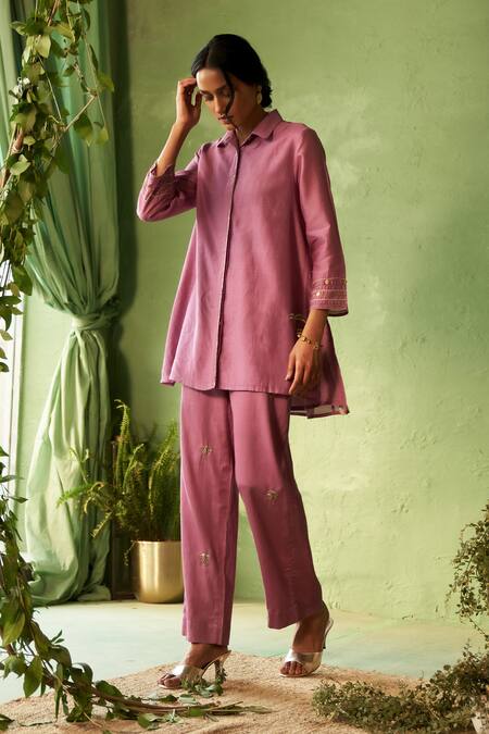 Buy_Charkhee_Purple Chanderi, Voile, Cotton Satin Embroidery Collared Kurta Set 
