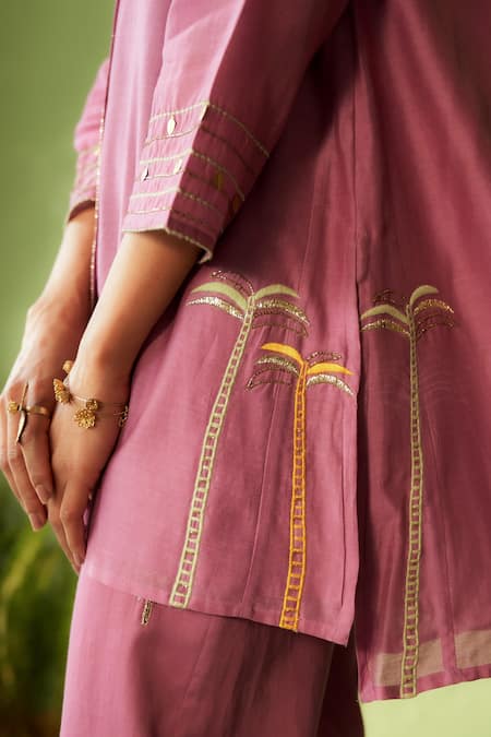 Shop_Charkhee_Purple Chanderi, Voile, Cotton Satin Embroidery Collared Kurta Set 