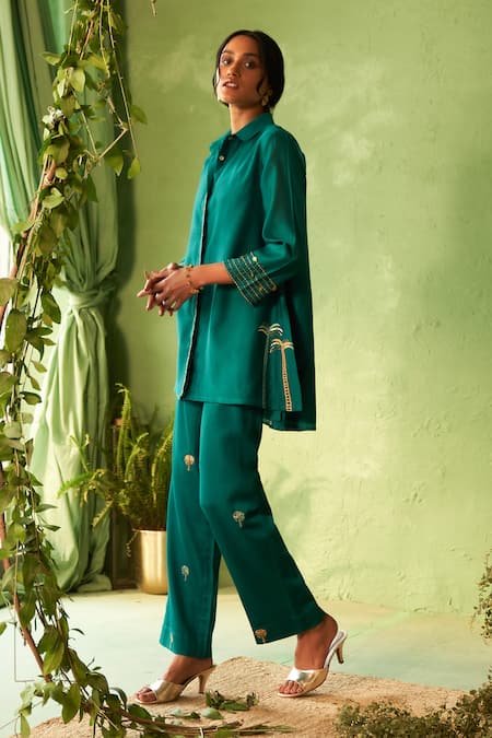 Shop_Charkhee_Green Chanderi, Voile, Cotton Satin Embroidery Collared Peacock Kurta Pant Set _Online_at_Aza_Fashions