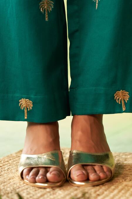 Charkhee_Green Chanderi, Voile, Cotton Satin Embroidery Collared Peacock Kurta Pant Set _at_Aza_Fashions