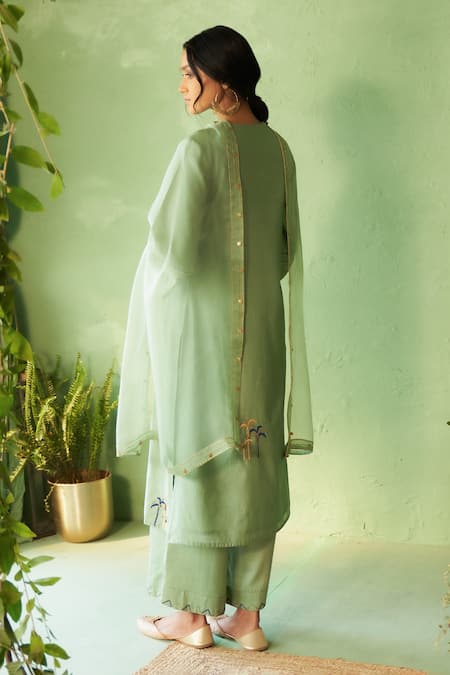 Charkhee Tea Green Embroidered Kurta Pant Set 