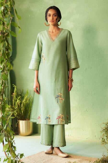 Shop_Charkhee_Green Chanderi, Voile, Cotton Satin, Organza Embroidery Tea Kurta Pant Set _Online_at_Aza_Fashions