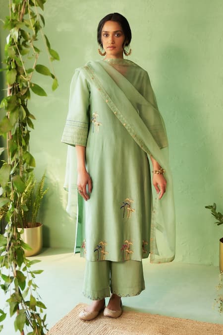 Charkhee Green Chanderi, Voile, Cotton Satin, Organza Embroidery Tea Kurta Pant Set 