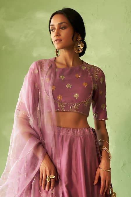Charkhee_Purple Chanderi, Voile, Organza Embroidery Round Neck Lehenga Set _Online_at_Aza_Fashions