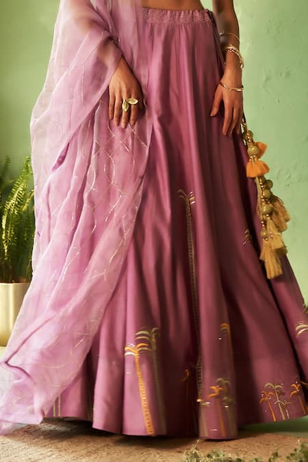 Buy_Charkhee_Purple Chanderi, Voile, Organza Embroidery Round Neck Lehenga Set _Online_at_Aza_Fashions