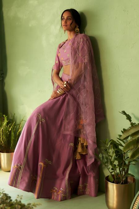 Shop_Charkhee_Purple Chanderi, Voile, Organza Embroidery Round Neck Lehenga Set _Online_at_Aza_Fashions