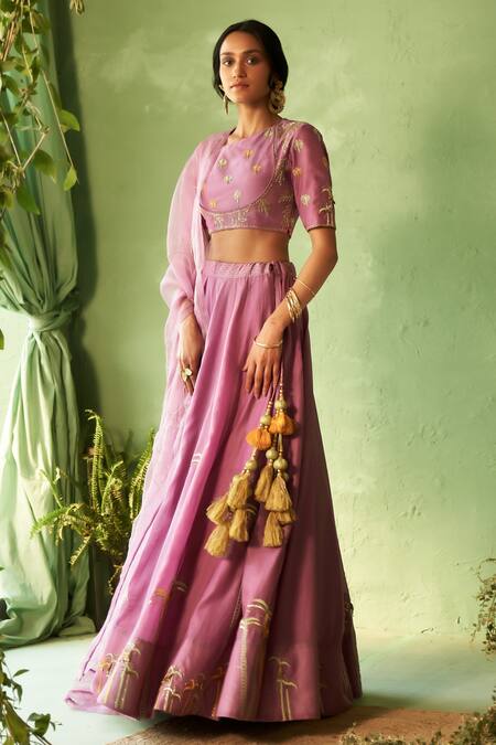 Charkhee_Purple Chanderi, Voile, Organza Embroidery Round Neck Lehenga Set _at_Aza_Fashions