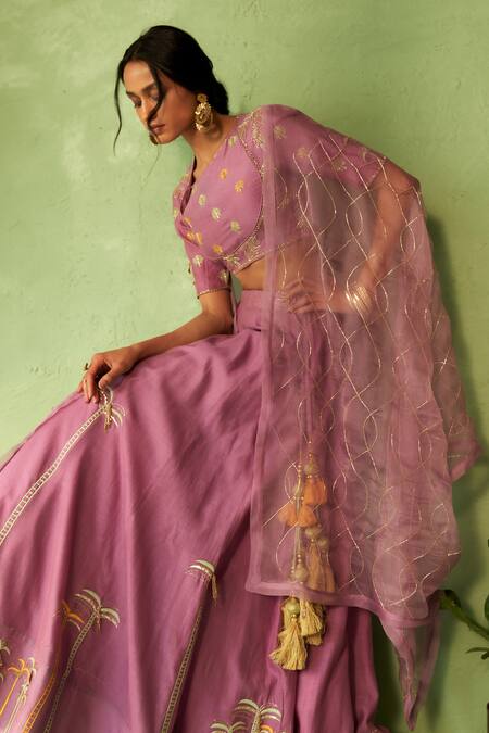 Buy_Charkhee_Purple Chanderi, Voile, Organza Embroidery Round Neck Lehenga Set 