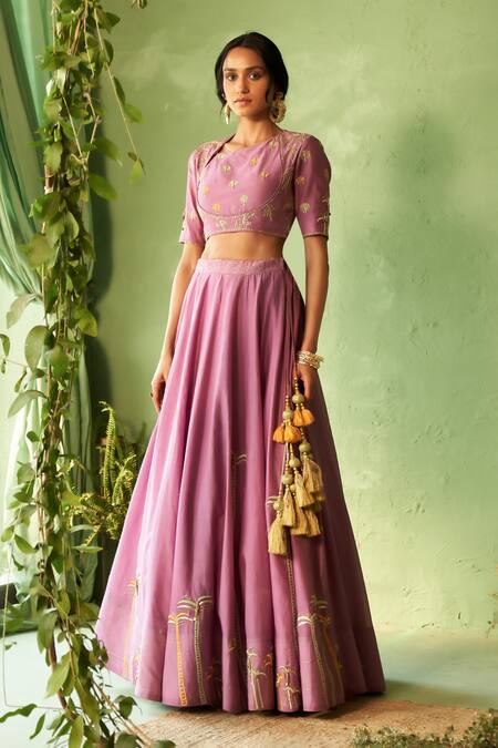 Shop_Charkhee_Purple Chanderi, Voile, Organza Embroidery Round Neck Lehenga Set 