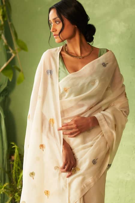Buy_Charkhee_White Chanderi, Voile Embroidery Scoop Neck Saree And Blouse Set _Online_at_Aza_Fashions