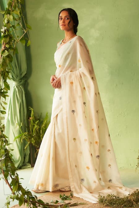 Shop_Charkhee_White Chanderi, Voile Embroidery Scoop Neck Saree And Blouse Set _Online_at_Aza_Fashions