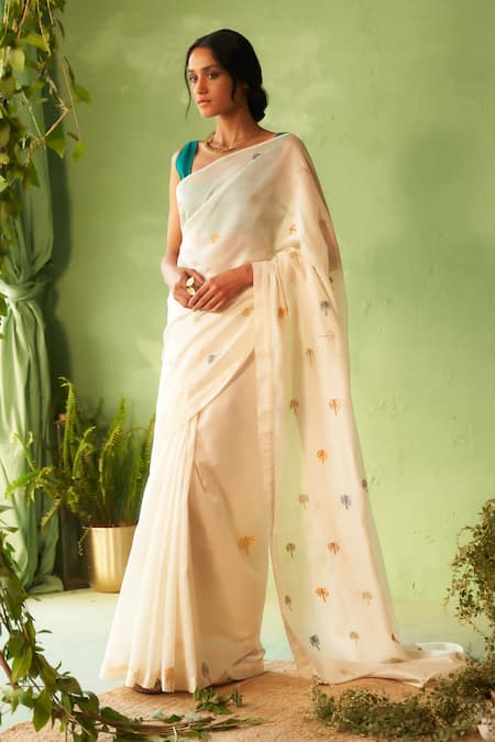 Shop_Charkhee_White Chanderi Embroidery Round Neck Designer Saree Set _Online_at_Aza_Fashions