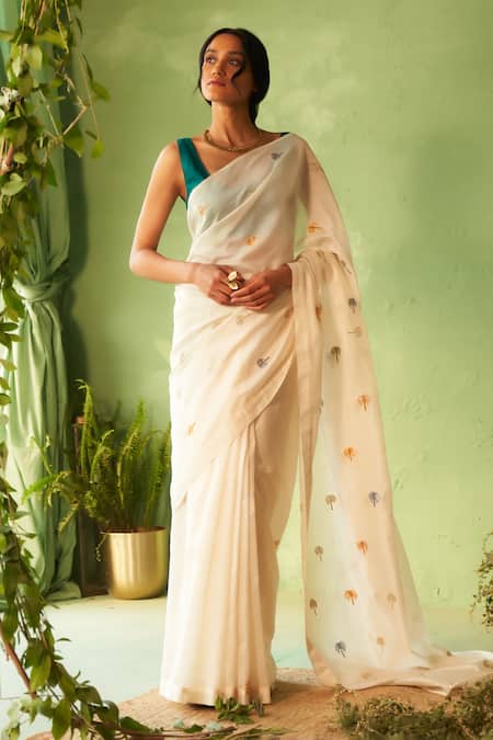 Buy_Charkhee_White Chanderi Embroidery Round Neck Designer Saree Set 