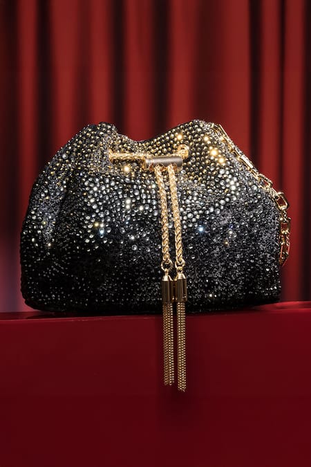 House Of Bio_Black Crystals Noor And Gold Velvet Potli Bag _Online_at_Aza_Fashions