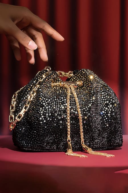 House Of Bio Noor Black & Gold Velvet Potli Bag 
