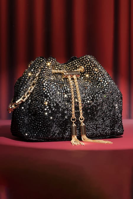 Shop_House Of Bio_Black Crystals Noor And Gold Velvet Potli Bag _Online_at_Aza_Fashions