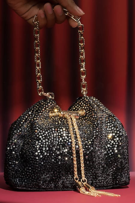 House Of Bio_Black Crystals Noor And Gold Velvet Potli Bag _at_Aza_Fashions