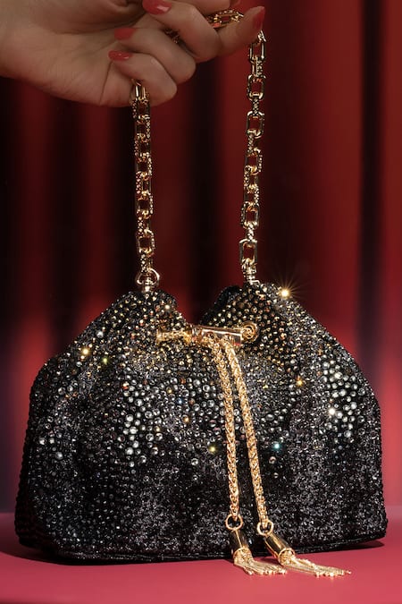 Buy_House Of Bio_Black Crystals Noor And Gold Velvet Potli Bag 