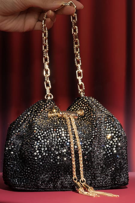 Shop_House Of Bio_Black Crystals Noor And Gold Velvet Potli Bag 