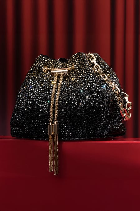 House Of Bio Noor Black & Gold Velvet Potli Bag 