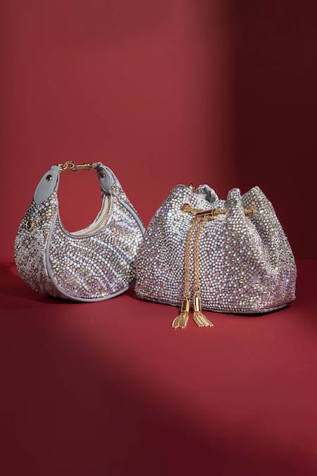 House Of Bio_Silver Crystals Velvet Potli Bag _Online_at_Aza_Fashions