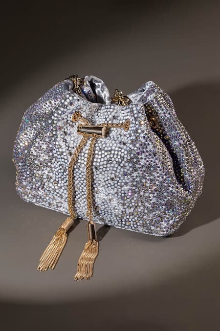 Buy_House Of Bio_Silver Crystals Velvet Potli Bag _Online_at_Aza_Fashions