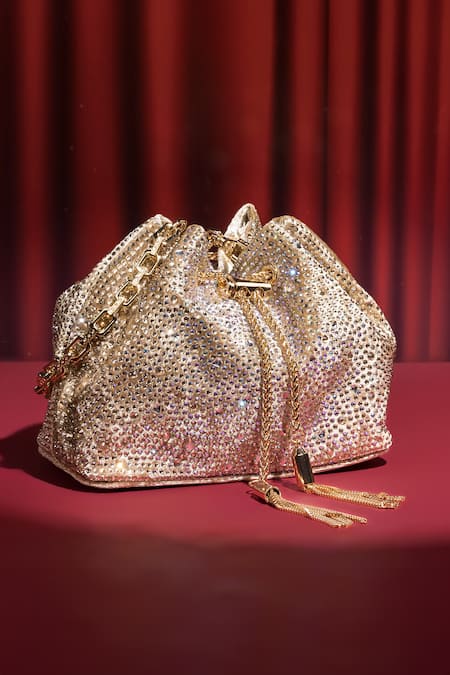House Of Bio Gold Crystals Light Velvet Potli Bag 