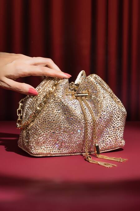 Shop House Of Bio Gold Crystals Light Velvet Potli Bag at Aza Fashions Shop_House Of Bio_Gold Crystals Light Velvet Potli Bag_at_Aza_Fashions