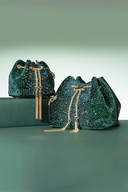 House Of Bio_Green Crystals Nora Velvet Potli Bag _Online_at_Aza_Fashions