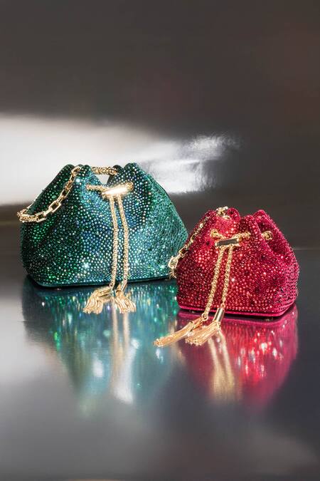 Shop_House Of Bio_Green Crystals Nora Velvet Potli Bag _Online_at_Aza_Fashions