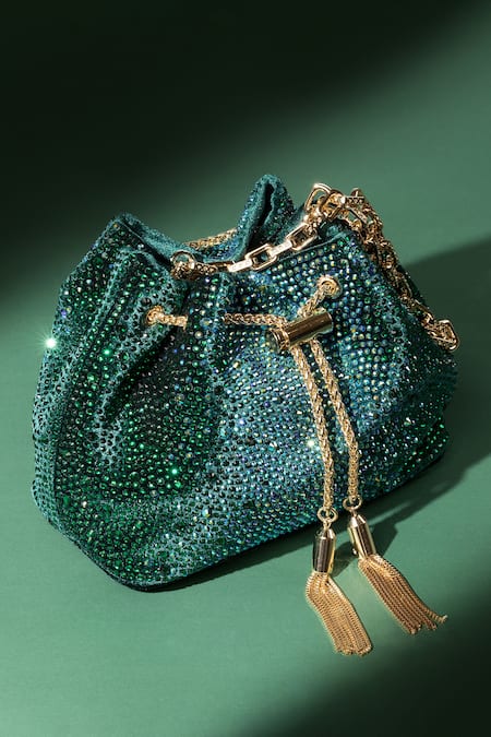 House Of Bio_Green Crystals Nora Mini Potli Bag _Online_at_Aza_Fashions