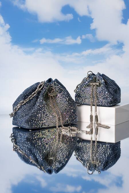 House Of Bio_Blue Crystals Denim Mini Potli Bag  _Online_at_Aza_Fashions