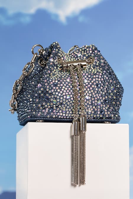 House Of Bio Blue Crystals Denim Mini Potli Bag  
