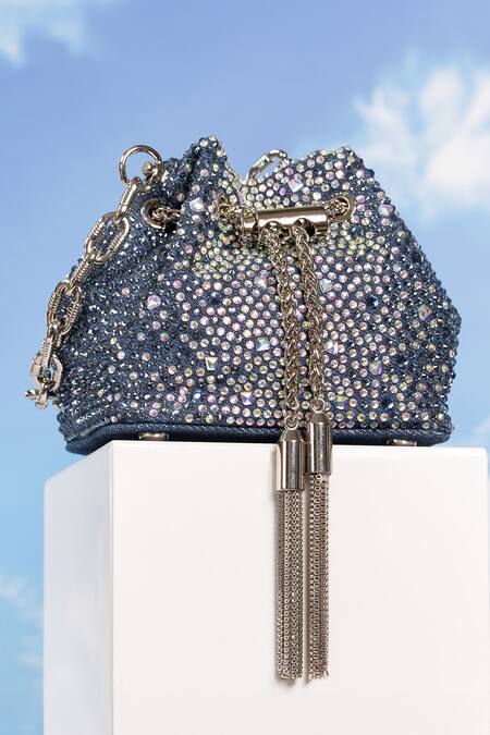 Buy_House Of Bio_Blue Crystals Denim Mini Potli Bag  _Online_at_Aza_Fashions